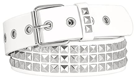 JASGOOD Punk Rivet Studded Belt Goth Row Pyramid Square Bead PU Leather Vintage Punk Rock Grommet Belt for Jeans Pants,White,S