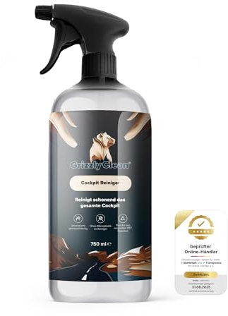 GrizzlyClean Cockpit Reiniger - Auto Innenraum Reiniger für Kunststoff, Lenkrad & Armaturenbrett - Cockpitspray mit Mikrofasertuch - Antistaub & Antifingerprint Effekt (750ml)