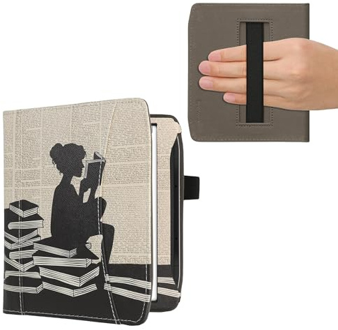 Kwmobile fodral kompatibelt med Pocketbook Era - PU-läderfodral med magnetisk stängning, rem, framficka - flicka och böcker svart/beige