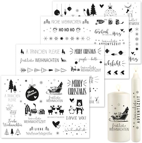 OWLBOOK® Kerzentattoos Weihnachten Kerzen Tattoo Sticker Kerzenfolien Tattoo Folie Kerzensticker Aufkleber I Wasserschiebefolie Weihnachtsset 4 x Din A5