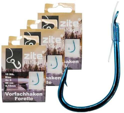Zite Fishing Vorfach-Haken Forelle Gebunden – Größe 6-10 Angelhaken mit Vorfach-Schnur – Forellenhaken Blau mit Angelschnur (3X 6)
