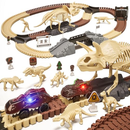 OR OR TU Autorennbahn Dinosaurier Spielzeug 188Stück, Dinosaurier Fossilien Rennstrecke Kinderspielzeug ab 3 4 5 6+ Jahre mit Dinosaurier Figuren, Eisenbahn Spielzeugautos für Junge Mädchen Geschenk