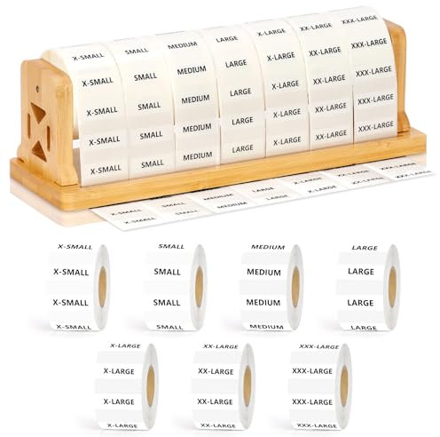 1050Pcs Clothing Size Label Dispenser with Clear Clothing Size Strip Labels 11.3*3.3*3.5inch Wooden Label Dispenser Label Stand Holder Sticker Roll Holder Organizer For Tshirt Size Stickers 7 Sizes