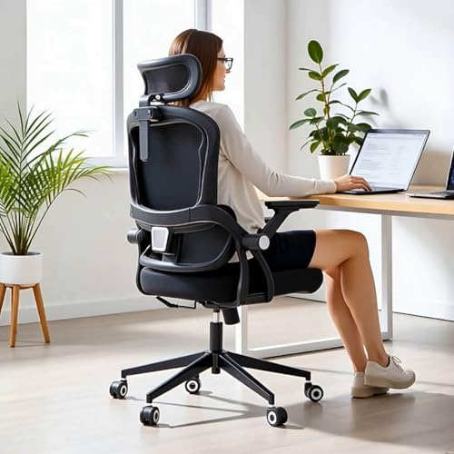 Silla de Oficina Silla de Escritorio ergonómica con Soporte Lumbar y reposacabezas y Brazos abatibles Silla de Estudio de Malla con Respaldo Alto, giratoria y oscilante, Regulable en Altura