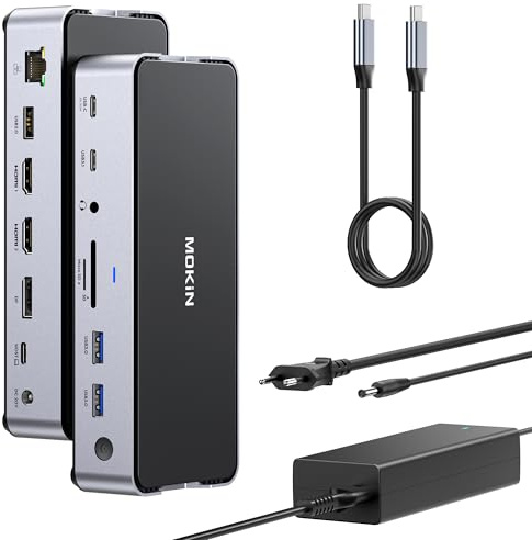 Station d'accueil USB C Triple écran, MOKiN Docking Station USB C avec 2 HDMI DisplayPort 4K@144Hz, Alimentation DC 150W, USB 3.1 10Gbps, USB A 2.0/3.0, Ethernet RJ45, SD/microSD pour Dell HP MacBook