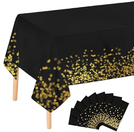 WIYETY 8 manteles de fiesta en negro y dorado, impermeable, rollo de papel, mantel de fiesta, mantel rectangular adecuado para decoración de cumpleaños, boda, 137 x 274 cm, negro