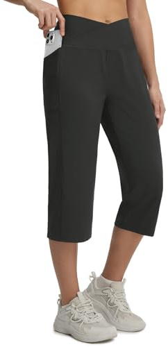 baleaf Pantaloni Capri da donna con tasche, 45,7 cm, pantaloni da yoga con incrocio a V, cintura incrociata, leggings estivi a gamba dritta, Nero , S