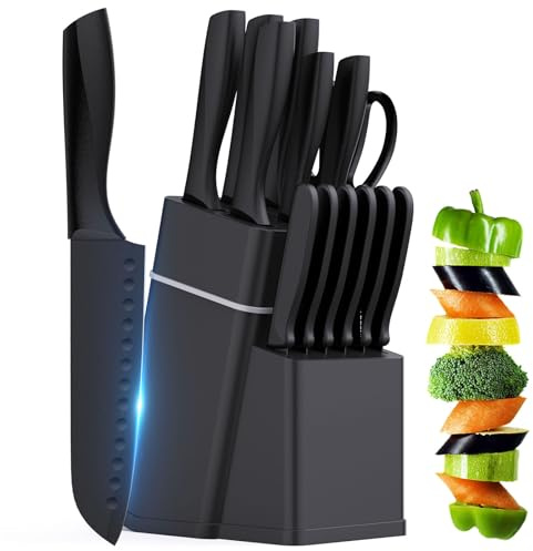 RAINBEAN Kitchen Knife Set with Block - 15 Pieces Knife Sets with Built-in Sharpener, Dishwasher Safe, Stainless Steel Blades Kitchen Knives