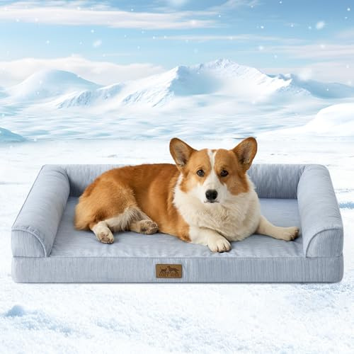 COZY KISS Cama Refrigerante Ortopédica para Perros Grandes 91x69x16 cm - Sofá Ergonomico para Perros con Funda Desenfundable y Lavable & Espuma de Alvéolos, Impermeable, Azul Claro, L