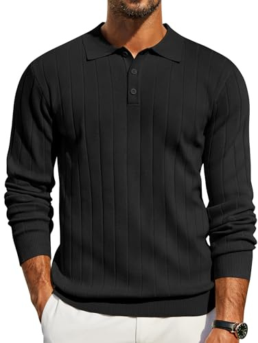 COOFANDY Pull Polo Homme Élégant Tricoté Manches Longues à Rayures Verticales Style Business Décontracté Coupe Regular Fit