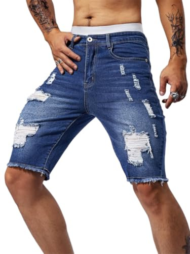 Oanviso Hombre Pantalones Cortos De Jeans Rasgados Verano Pantanlón Corto Skinny Denim Vaqueros Agujero Short de Ajustados Hip Hop Bermudas Shorts Elástico B Azul Oscuro L