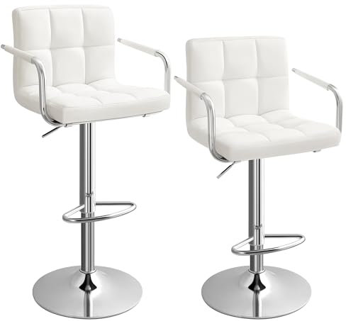 SONGMICS Barhocker, 2er Set, Barstuhl höhenverstellbar, mit Kunstleder-Bezug, 360° Drehstuhl, Küchenstuhl mit Armlehnen, Rückenlehne und Fußstütze, verchromter Stahl, weiß LJB93W