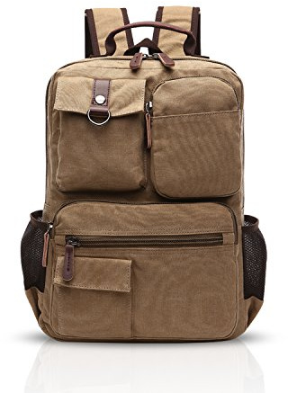 FANDARE Retro Men's Business Laptop Bag Student Multi-Pocket Rucksack Outdoor Travel Daypack Breathable Canvas, Khaki, L, Leisure Backpack