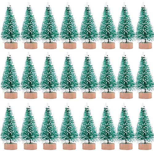 24 Stück künstliche Mini-Weihnachts-Sisal-Schnee-Frost-Bäume mit Holzsockel, Flaschenbürste, Bäume, Kunststoff, Winterschnee-Ornamente, Tisch-Bäume für Weihnachtsfeier, Heimdekoration (grün)