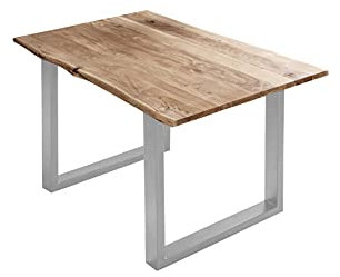 SAM Esszimmertisch 120x80 cm Billy, echte Baumkante, Esstisch aus Akazienholz massiv + naturfarben, Baumkantentisch mit U-Gestell Silber