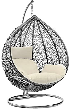 Rattan Swing Egg Chair Hanging Garden Hammock with Cushions & Stand Outdoor Indoor Furniture (Grey Egg Chair & White Cushion)