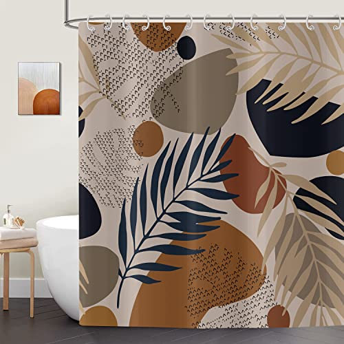ASDCXZ Duschvorhang Boho 180x180 cm Braun, Modern Abstrakt Kunst Boho Style Palm Blätter Pflanzen Waschbare Bad Duschvorhänge Polyester Textil wasserdichte Duschvorhang für Badewanne mit 12 Haken