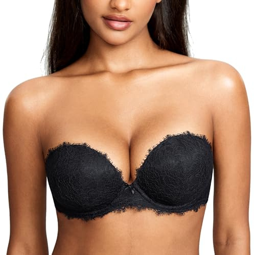 DOBREVA Soutien Gorge sans Bretelles Push up | Avec Armature, Decollete Plongeant, Sexy, Dentelle de Cils