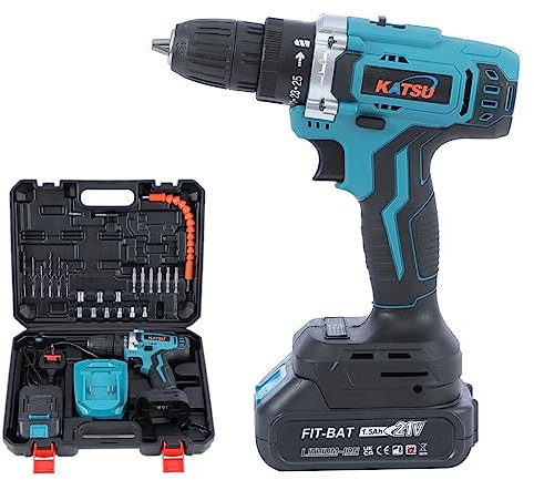 KATSU FIT-BAT 21V Taladro Atornillador Inalámbrico con 1 x 1,5Ah Baterías y Cargador y Kit de Accesorios de Puntas Destornillador en Estuche de Plástico, para Hogar DIY