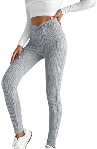 WDIRARA Women's Elastic Waist Leggings Ribbed Knit Casual Long Pants Light Grey X-Small