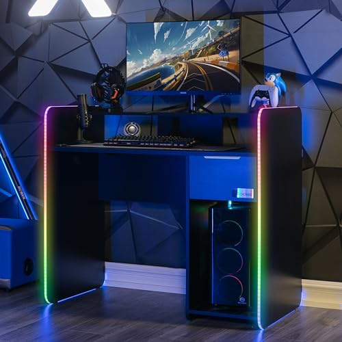 X-Rocker Electra 110cm x 55cm, RGB LED Gaming Desk - Neo Motion™ Sync App-Controlled LED Lights, Built-In Drawer, PC Storage Shelf, Free Standing, Durable Wooden Frame for Kids & Teens - Black