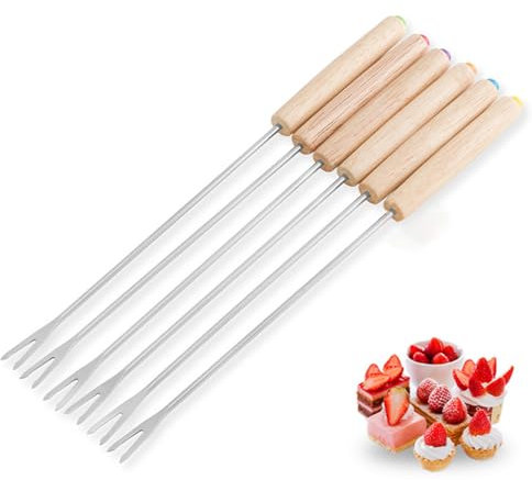 Pack of 6 Stainless Steel Fondue Forks, 24 Cm Skewers, Fondue Fork, Fondue Skewers with Oak Wood Handles, 6 Colors Fondue Forks for Cakes, Chocolate, Fruit, Cheese, Fondue