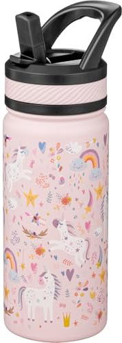 Fanhaw 550 ml Kids Insulated Water Bottle with Straw - Stainless Steel Double Wall Vacuum Cup, Leakproof, BPA Free, Suitable for Boys and Girls(Pink - Unicorn Fields)