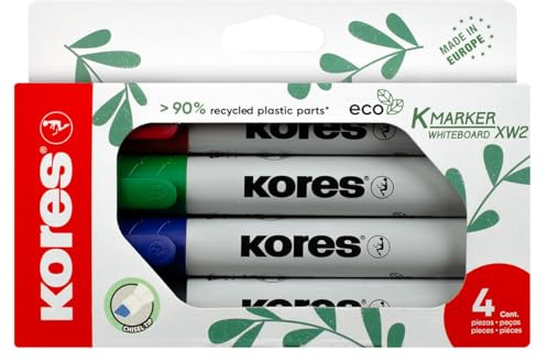 Kores – K-Marker Eco XW2: Färgade whiteboard markörpennor med mejselspets, torr torkning och bläck med låg lukt, skol- och kontorsmaterial, set med 4 olika färger