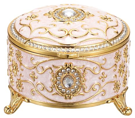 Hipiwe Metal Jewelry Box Small Treasure Chest Box Vintage Round Trinket Organizer Ring Holder Enameled Jewelry Box for Earrings Necklace Holder Gift for Birthday Christmas,Home Decor,Beige