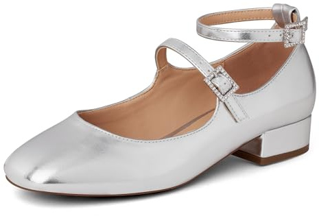 GENSHUO Zapatos Mary Jane con Correa en el Tobillo, Punta Cuadrada, Planos y livianos, Hebilla con Delicado Adorno de Diamantes de imitación, Plateado, 39 EU