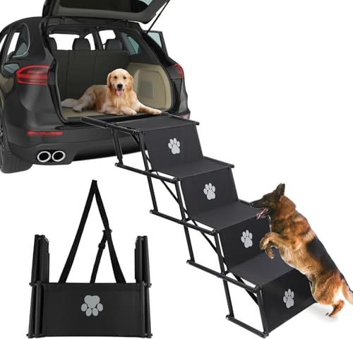 Dog Ramp for Car-Foldable Dog Stairs for Large Dogs-Portable Pet Steps with Non-Slip Paw Print - Adjustable Dog Ladder for SUV, Truck, and High Bed-Supports Up to 180lbs-Lightweight and Durable