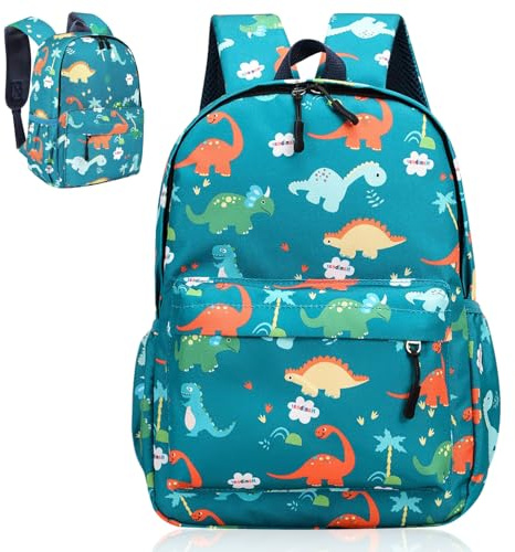 ICHOWHO Toddler Backpack, Backpack Kindergarten Boy, Cute Dinosaur Rucksack for Boys, Kids Hiking Backpacks, Lightweight Canvas Holiday Travel School Bag Outdoor Backpack for 3-6 Years Old（Green）