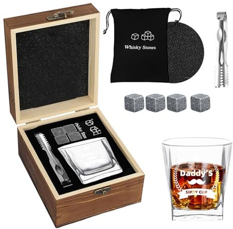 Juego de regalo de vasos de whisky, piedras de whisky y juego de regalo de vidrio para hombres de hija o hijo, vaso de whisky vintage en caja de madera de lujo con piedras de hielo, posavasos y clips