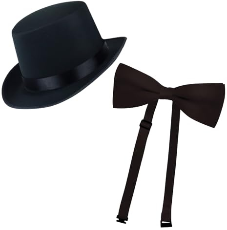 labreeze Black Top Hat with Black Bow Tie – Adjustable Strap, Fancy Dress, Classic Gentleman’s Hat, World Book Day, Themed Party Accessory