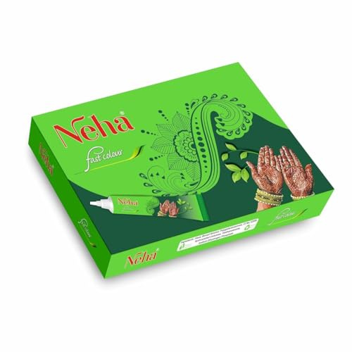 Neha Herbal Fast Color Lot de 5 paquets de 25 g de henné – Séchage rapide, couleur foncée longue durée | Tatouages temporaires & coloration des cheveux, sans fuite et pratiques, avec autocollant Kajal