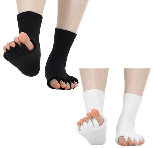 APLZGMG 2 Pairs Toe Separator Socks, Foot Alignment Socks for Women Men, Yoga Toe Sock for Barre Pilates Yoga Dance, Compression Toes Sock for Relax and Relief Pain (White/Black)