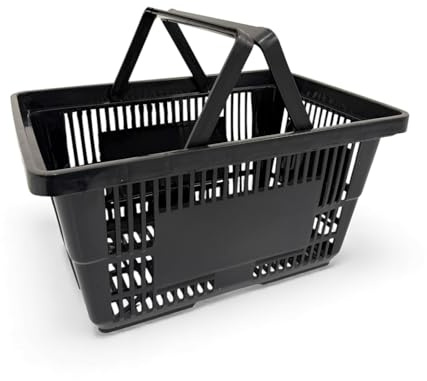 5x Black 22 Litre Plastic Shopping Basket with Handles Heavy-Duty HDPE Basket for Retail, Grocery & Convenience Stores Lightweight, Stackable