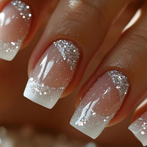24pcs Sparkling Silver Glitter Press On Nails, Salon Quality Fake Nails with Easy Application, Includes Jelly Stickers and Nail File for Manicure