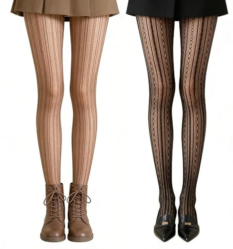 2 Pack Lace Patterned Tights for Women, Black and Brown Striped Design | Two pairs in black and brown with sheer floral openwork, vertical stripes and stretch fit, including a nail file