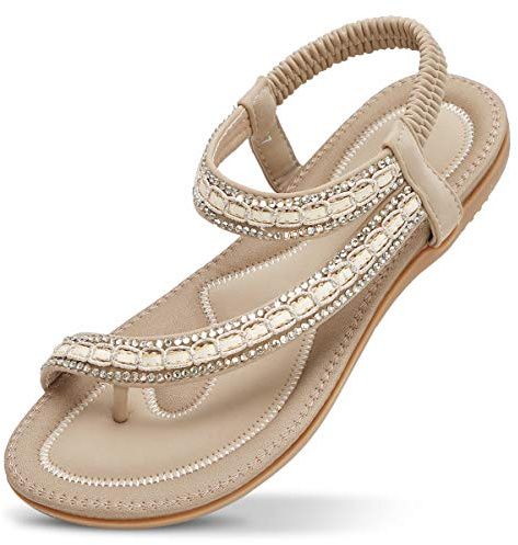 ZOEREA Womens Flat Sandals, Summer Bohemia T- Strap Open Toe Ladies Sandals Elastic Beach Flip Flops Ankle Strap Diamante Sandals, Kz17beige, 8 UK