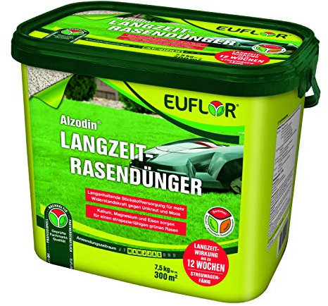 Euflor Alzodin Langzeit-Rasendünger•7,5kg Spezialdünger 20+5+8 mit 2% MgO und 1% Eisen•Hochwertiger Volldünger•Langzeitwirkung für 12 Wochen • Hindert Unkreit und Moos • Streuwagenfähig