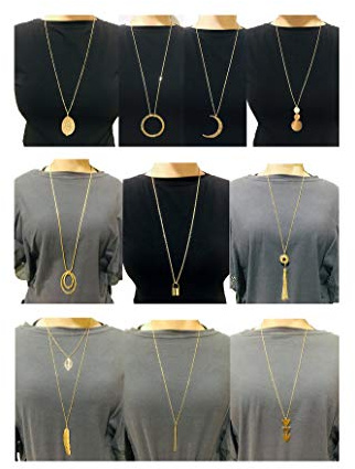 Ofeiyaa 10Pcs Long Pendant Necklace Simple Moon Bar Three Triangle Tassel Lock Sweater Y Shape Punk Chain Choker Necklace for Women Ladies Gold Plated