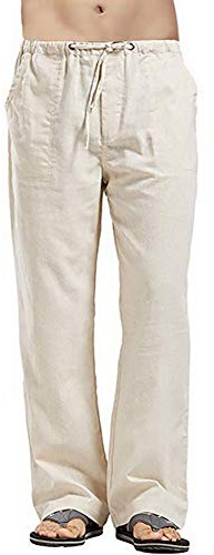 VANVENE Pantalones de lino para hombre, informales, holgados, ligeros, con cintura elástica, para verano, yoga, playa, caqui, XXXXL