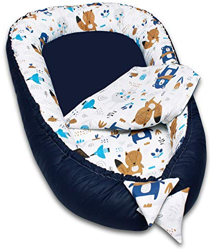 PaLulli 5 Parties Ensemble nid d'ange INCL. Nid bébé 90x50 Insert Amovible, Couverture Doudou, Oreiller Cervical, Oreiller Plat pour bébé, 100% Coton Oeko TEX (Ours Bleu foncé)