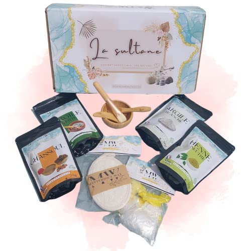 Coffret Soins masque Corps Cheveux coffret hammam | Henné neutre Ghassoul Argile Blanche Verte | Bol et cuillere en bambou | Gant exfoliant loofah Naturel | super cadeau soin
