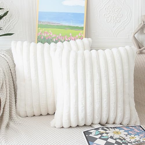 NIULAA 2 Pack Fluffy Faux Fur Cushion Covers 40x40cm Cream Striped | Double-Sided Design,Ultra-Soft Plush Pillow Covers 16x16 for Sofa Bed Chair,Hidden Zipper,Machine Washable,Non-Shedding