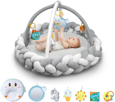 Yacul Baby Play Gym and Activity Mat, Thick Soft Tummy Time Playmat with 6 Detachable Toys for Sensory Development, Infant Floor Mat for Playroom and Nursery(Grey)