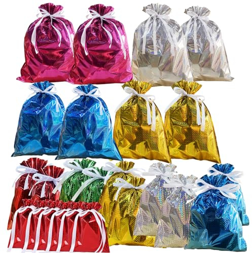 24 Pack Foil Gift Bags Drawstring Solid Color Present Wrapping Bags,6 Color Shimmer Multipack Wrapping Bag,Jumbo Christmas Bag,Reusable Large Xmas Gift Bagfor Presents Birthday Wedding Party