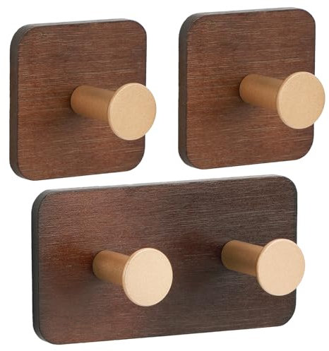 Segus Ganci Adesivi, 3 Pezzi Appendini Adesivi Bambù, Ganci Autoadesivi Legno, Appendi Asciugamani in Bambù, per Cappotto, Cintura, Chiavi (Marrone)