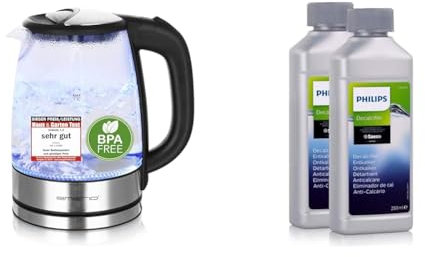 Emerio WK-119988 Glas Wasserkocher,1.7 Liter, 2200 Watt & Philips Universal Flüssig-Entkalker für Kaffeevollautomaten, Vorteilspack, 0.5 Liter, 6 x 6 x 16 cm, Grau